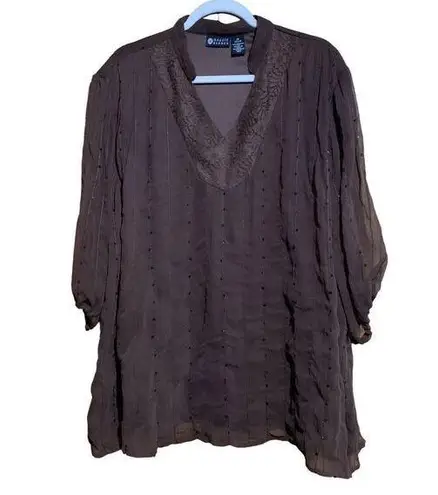 Maggie Barnes Womens Size 2X 22 24 Brown Sequin Embellished Tunic Top Blouse