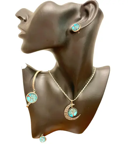 Liebe Engel Bracelet Earrings Necklace Pendant Life Tree Jewelry Set Silver Aqua