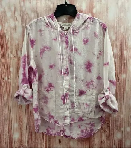 Rachel Zoe  Pink Tie Dye Hooded Button Front Linen Shirt