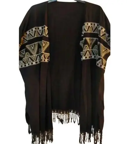 World Market Black Embroidered Lace Fringe Open Front Kimono Free Size MSRP $110 Black