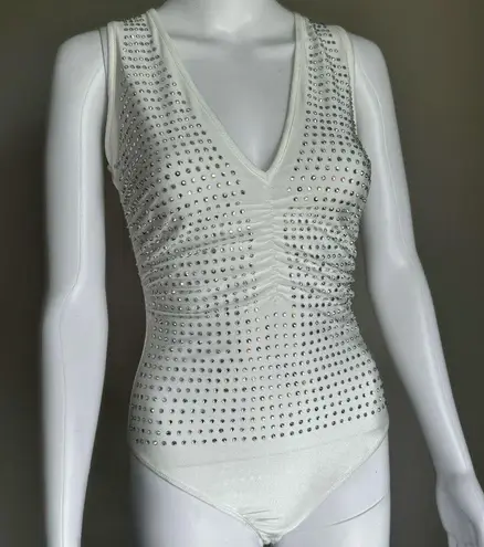 BANJUL  White Beaded Iridescent V-Neck Ruched Festival Bodysuit NWT