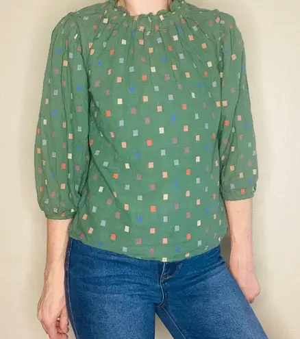 Ro & De Anthropologie  Green Ruffle Colorful Square Blouse