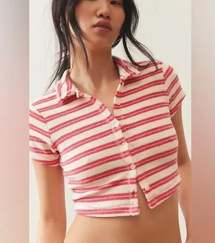 NEW OUT FROM UNDER Airy Terry Cropped Polo Shirt Top In Pink Combo Size XL