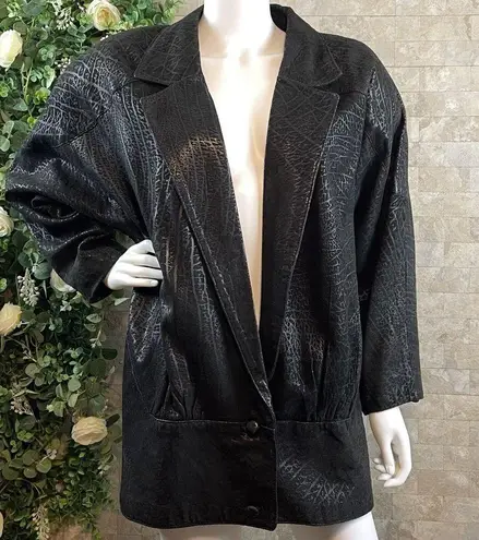 Vtg EREZ 80s Genuine Leather Oversized Coat Jacket Black Animal Print Size Small