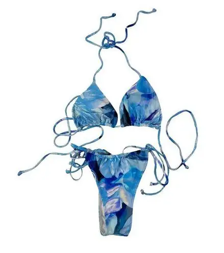 White Fox Boutique  - Triangle Halter Bikini Top & Tie Side Bottoms in Blue