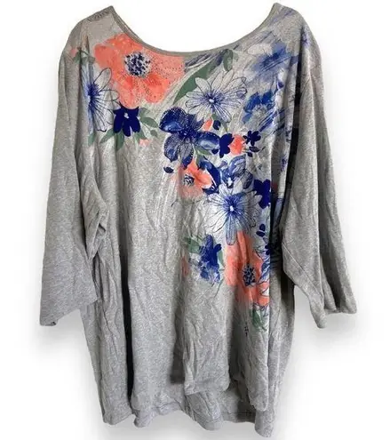 cj banks  Womens Top 3X Gray Multi Floral Lace Blue Peach Bling 3/4 Sleeve Knit