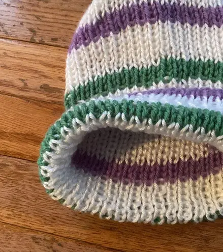 white green purple hand knit ribbed fisherman style beanie