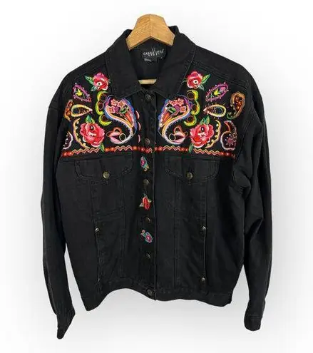 carole little Sport Women 4 Embroidered Beaded Oversized Denim Jacket Boho Artsy