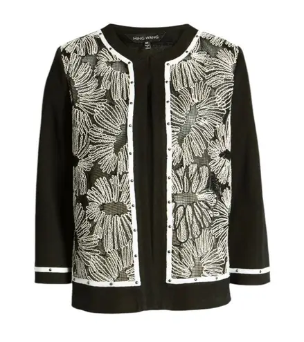 Ming Wang Floral Embroidered Knit Jacket Black and White Size L