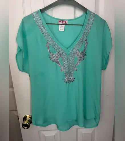 Three Pink Hearts Trixxi Turquoise/Mint Embroidered Blouse Women size M Y2K/2010