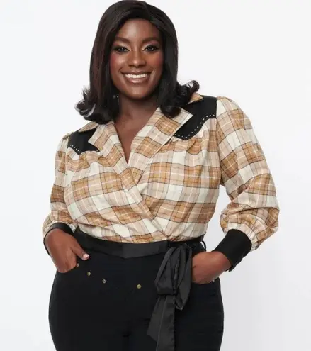 Unique Vintage NWT Brown Sparkle Plaid Western Wrap Crop Top SMALL