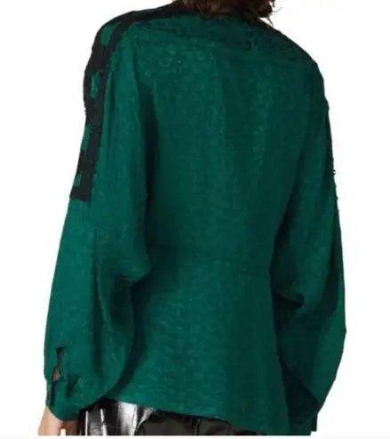 Koche Elegant Emerald Green Blouse Jacquard Black Lace Embroidered Size 36 or 6