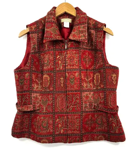The Territory Ahead Red Print Tapestry Vest Zip Front Side Tabs Lined Size 14 - Image 1