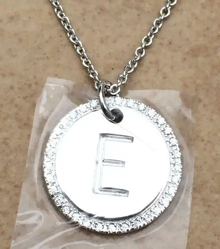 Rhodium Plated Round CZ Initial E Pendant Necklace Silver