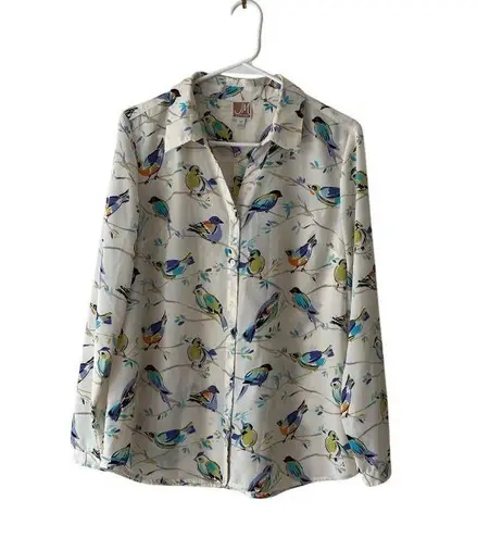 JM Collection Bird-Print Button Up Shirt Long Sleeve Kingfishers Bluebirds 12P