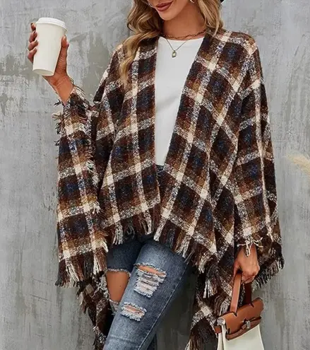 Womens Black Multi Buffalo Plaid Fringed Poncho Wrap OSFM Size undefined