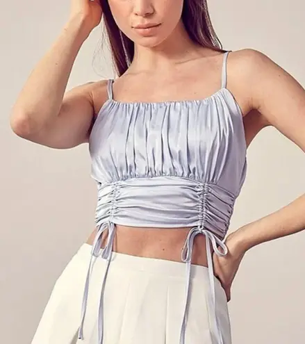 idem Ditto Blue Silk Satin Sleeveless Smocked Ruched Cami Crop Top Size S