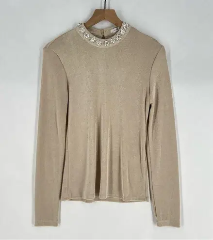 Endless Rose Metallic Gold Stretch Jersey Liquid Knit Embellished Neck Top M
