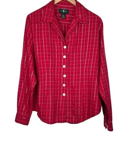 Hunt Club blouse women's 12 red plaid button front lurex long sleeve shirt