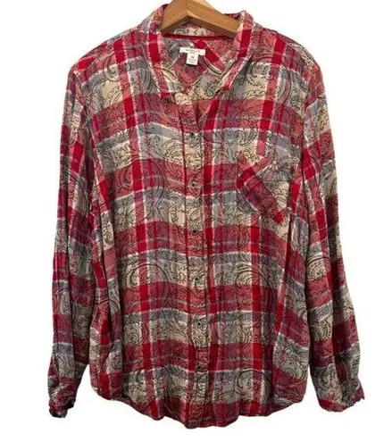 Westbound Womens Button Shirt Plus Sz 2X Red Plaid Paisley Overprint Rayon LS Boho Casual