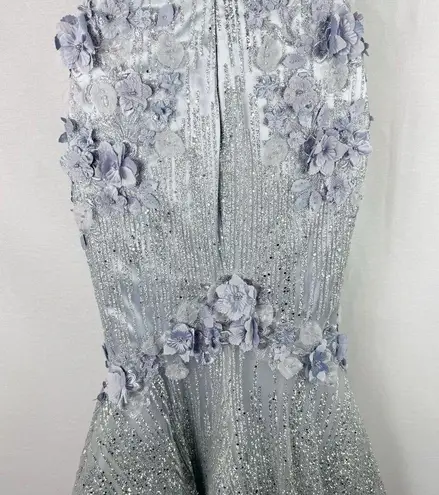 PORTIA AND SCARLETT Ice Queen Blue Silver Glitter Flower Halter Mermaid Gown 0