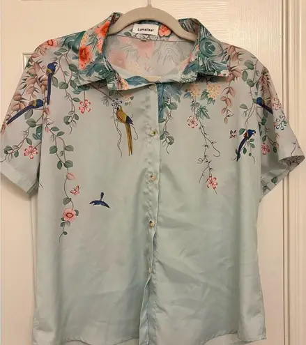 Green Tropical Bird Floral Button Up Shirt L Resort Vacation Retro Boho Blouse Blue Size L