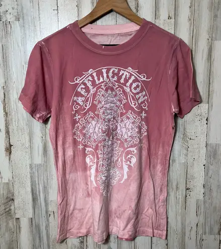 Affliction Y2K Pink White Rhinestone Grunge Painted Thrashed Womens Medium