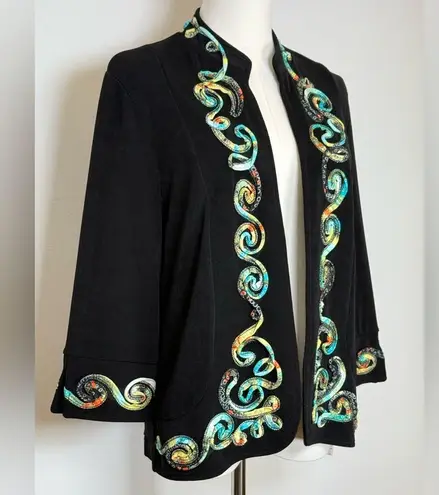 NWT Picadilly Fashions Open Cardigan 3/4 Sleeve Multicolor Appliqué Petite Small Black Size undefined
