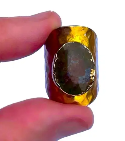Handmade 7.5 7.75 8 Moss Agate Gem Gemstone Fine Art Ring Solid Metal Plated Gold Filled Hammered Unisex Men Women Oval Cabochon