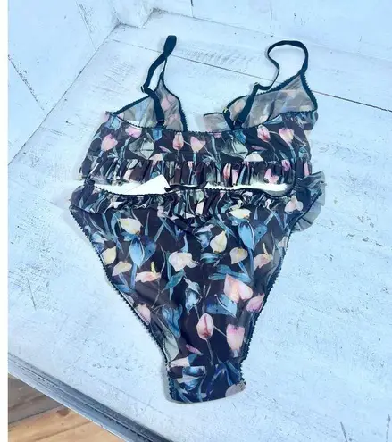 NWT Underprotection Nikoline Ruffle Trim Bra & Briefs Set Blue Floral Women's S