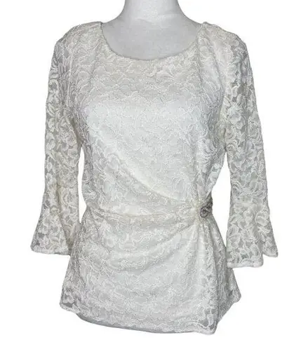 Scarlett Ivory Gold Lace Bell Sleeve Ruched Embellished Bead Accent Blouse Top M