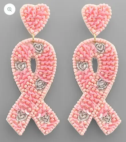 Pink Ribbon Earrings Heart Beaded Sequin Dangle Drop Breast Cancer Awareness