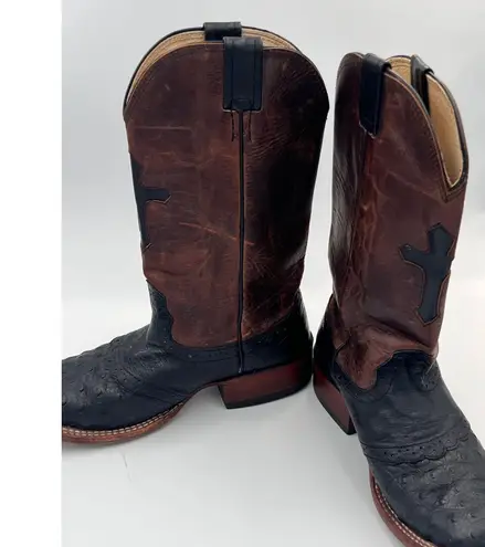 Vintage Larry Mahan Western Cowgirl Boots Ostrich Leather Cross Square Toe 7.5 B Black