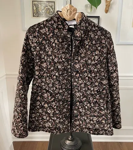 Vintage 70s Cottagecore Quilted Band Collar Jacket Brown Velveteen Floral S