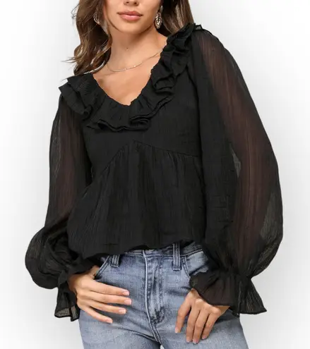 NWT Lulu’s Lavish Babe Black Pleated Ruffle Tiered Long Sleeve Top XS