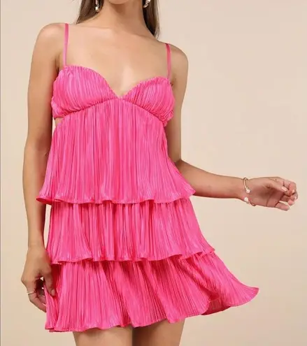 Lulus Sleek Dedication Hot Pink Satin Plisse Pleated Cutout Tiered Mini Dress XL