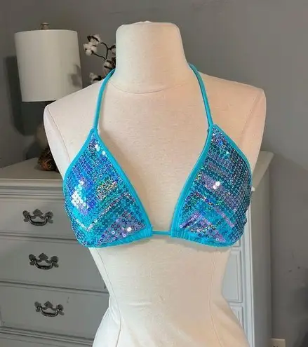 Bongo Blue Sequin Sparkly Bikini Swimsuit Top  Large Tie back