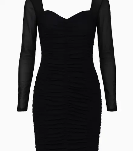 Black Ruched Mesh Bodycon mini Dress Size L Long Sleeve Sweetheart Neckline Size L