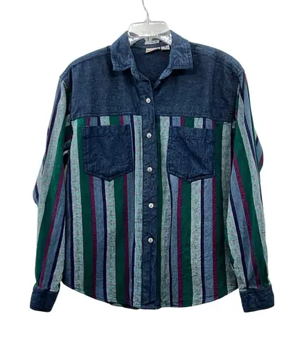Vintage 90s Huntington Ridge Denim Shirt Womens M 1993 Striped Button Up Blue Size M