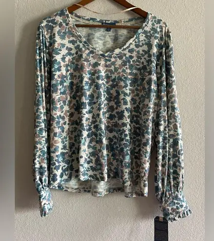 Democracy Long Cuffed Sleeve V-Neck Abstract Teal Multi Printed Knit Top XL