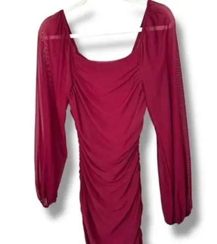 Merokeety Wine Red Ruched Bodycon Puff Sleeve Mesh Cocktail Party Midi Dress