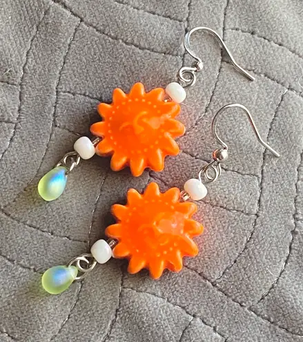 Handmade unique funky cute orange ceramic sun & Czech glass teardrop dangle earrings☀️🌿