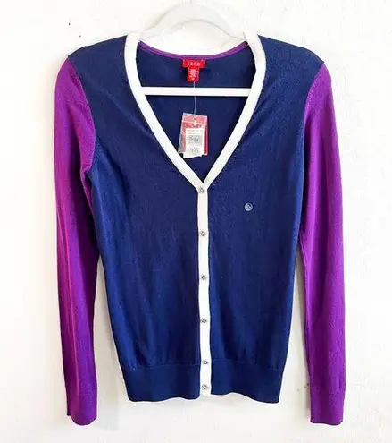IZOD Cardigan Colorblock Knit V Neck Sweater Navy Blue Purple White Sz XS NWT