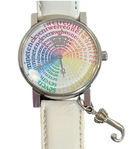 Juicy Couture  Watch Rainbow Number Face Silver “J” Charm White Leather Strap