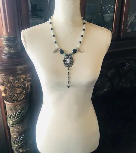 Handcrafted filigree cameo black agate Czech glass pearl necklace