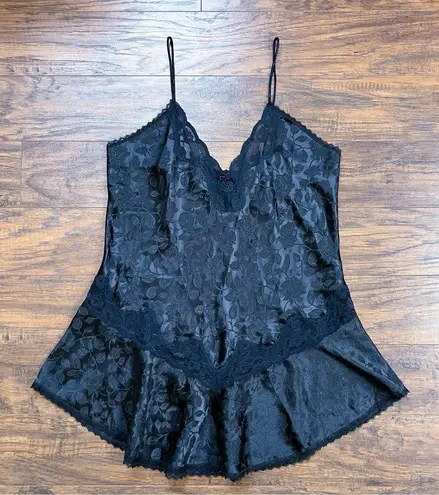 vintage • 80s black satin slip dress mini floral lace lingerie grunge Deena Size M