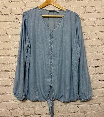 Denim & Co  Women’s Lightweight Denim Button Front Tie Waist Top Size Med *Flaw*