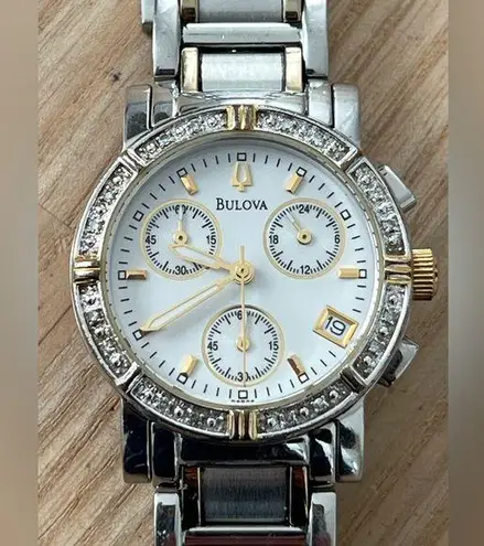 Bulova Chronograph Diamond Ladies Watch Pearl Dial Two-Tone Bracelet Case