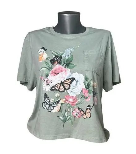 Zoe & Liv Baggy Butterfly Sage Green Crop Top Shirt Boxy T-Shirt Size Large L
