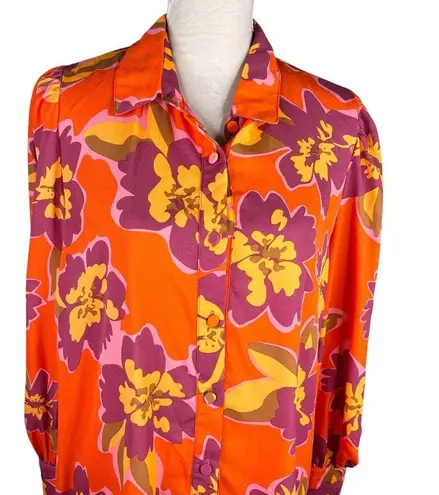 BTFBM Retro Button Down Large Shirt Top Bright Colors Lapel V Neck Orange